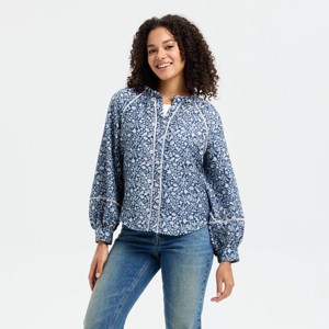 Women's Balloon Long Sleeve Lace Trim Button-Front Blouse