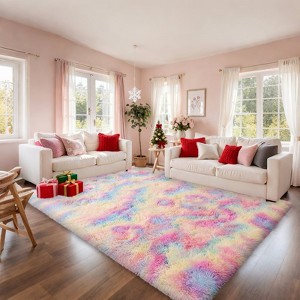 Rainbow Tie-Dye Fluffy Area Rug with Non-Slip Base & 4 Reusable Stickers, Plush Indoor Mat - 1 of 4