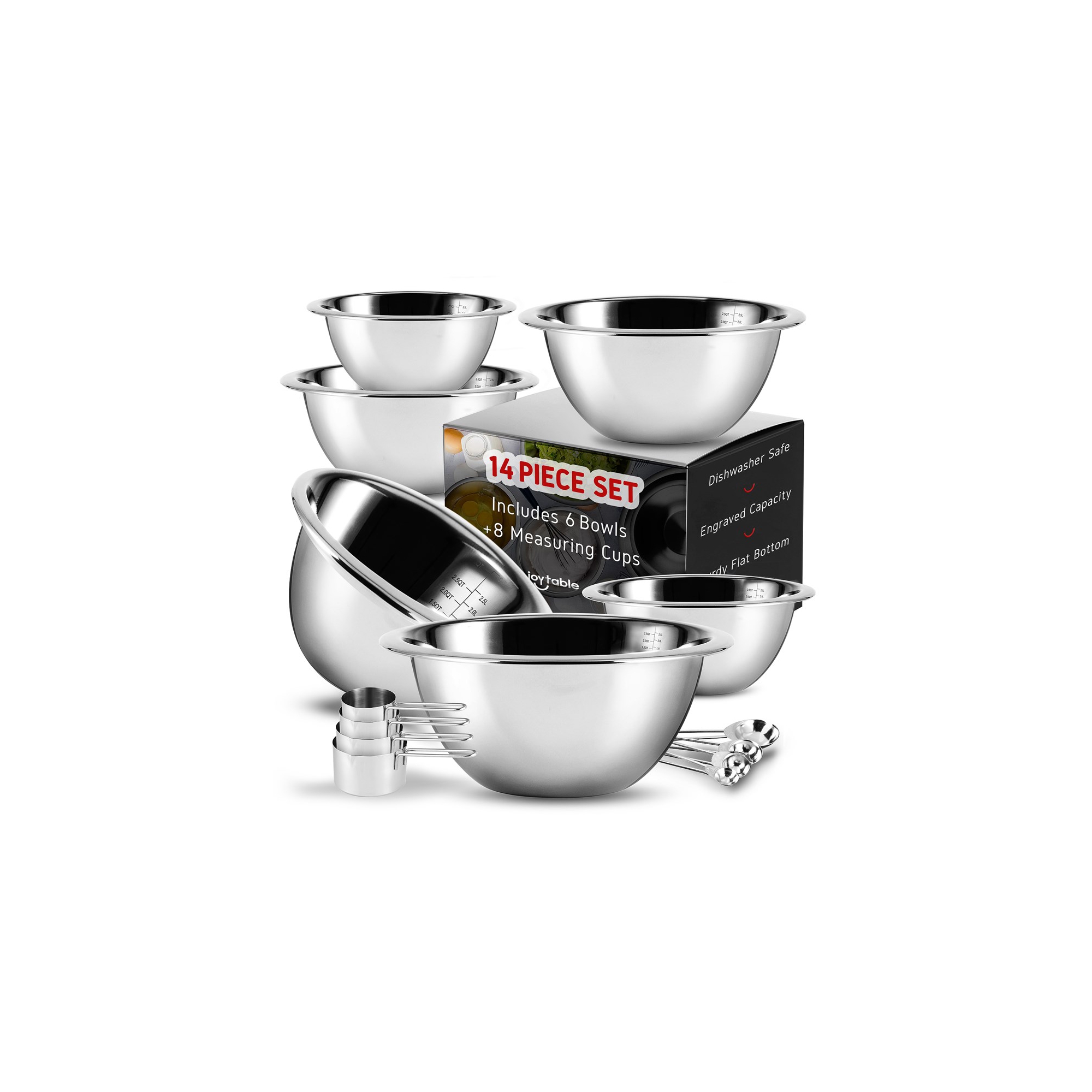 JoyTable Premium Stainless Steel 14 Piece Mixing Bowl Set With Measuring Cups And Measuring Spoons