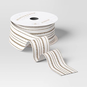 30' Christmas Fabric Ribbon White Satin Gold Glitter Stripes - Wondershop™ - 1 of 3