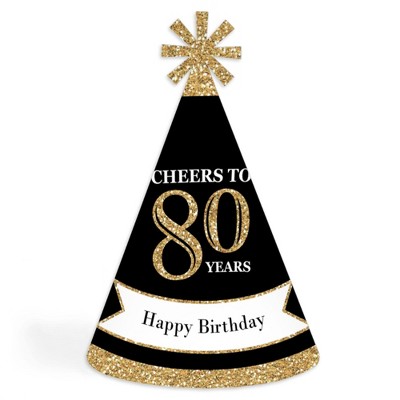 Big Dot of Happiness Adult 80th Birthday - Gold - Cone Birthday Party Hats for Kids and Adults - Set of 8 (Standard Size)