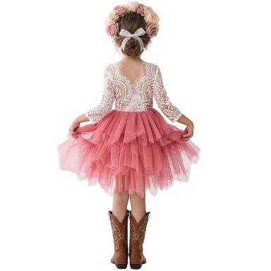 2Bunnies Girls' 6M-10yr Peony Lace Tiered Sleeve Knee Flower Girl Dress Dusty Pink 6 months
