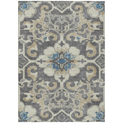 HomeRoots 9' X 12' Beige And Charcoal Damask Washable Indoor Outdoor Area Rug
