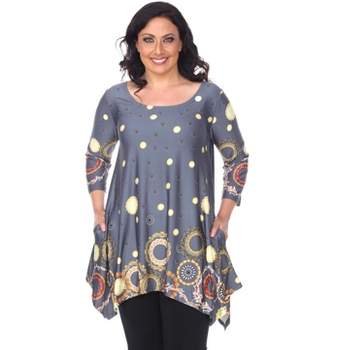 Women's Plus Size 3/4 Sleeve Printed Erie Tunic Top with Pockets - White Mark