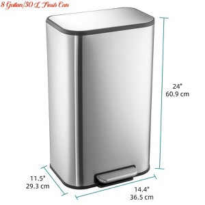 Kitchen 3.2 Gallon/12 L/8 Gallon/30 L Trash Can, Stainless Steel Trash Can w/ Soft-Close Lid & Removable Inner Basket, Rectangular Garbage Can - 1 of 4