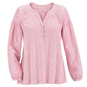 Collections Etc Seersucker Smock Trimmed V-Neck Long Sleeve Shirt - 1 of 4