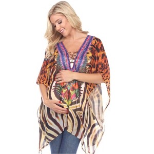 Maternity Animal Print Caftan with Tie-up Neckline - One Size Fits Most - White Mark - 1 of 3