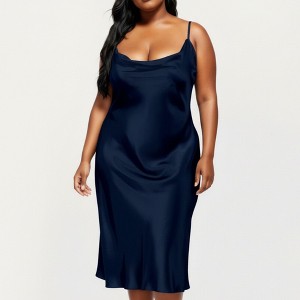 Anna-Kaci Lounge Women's PLus Size Satin Midi Slip Dress with Draped Neckline and Smooth Glossy Fabric - 1 of 4
