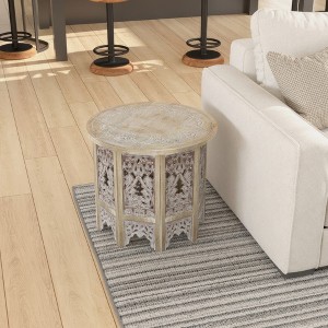 Royal Hampton 24 Inch Accent Side Table with Mango Wood Round Top and Floral Cut-Out Carved Motifs - 1 of 4