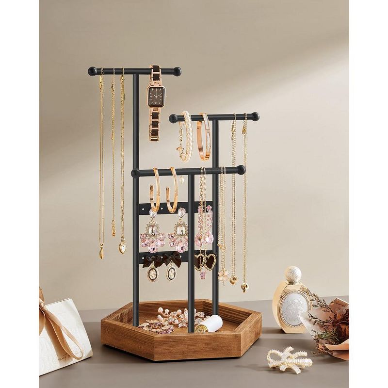SONGMICS Jewelry Holder Jewelry Organizer 4 Independent Zones Jewelry Display Stand Necklace Earring Bracelet Holder Black and Caramel Brown, 2 of 8
