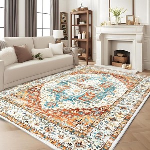 Promotion Sale! Area Rug, Washable Boho Farmhouse, Soft Stain Resistant, Non-Slip Faux Wool, Vintage Reddish Brown Carpet - 1 of 4