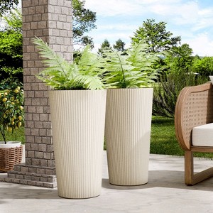 BENCMATE Planters Large Round 2PCS Indoor Planter Pot, Simple Design Outdoor Garden Plastic Plant Flower Pot Cone Striped, Beige, 13 - 1 of 4