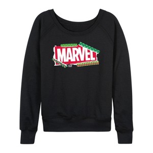 Women's - Marvel - Logo Wrapping Paper Lightweight French Terry Wide Neck Long Sleeve Shirt - 1 of 4