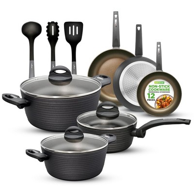 NutriChef 12pc Non-Stick Kitchen Cookware Set - Stylish Metallic Ridge-Line Pattern (NCCW12S.5)