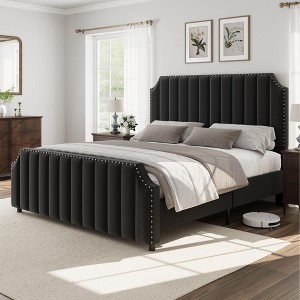 Queen Size Platform Bed Frame with 50.2" Headboard, Velvet Upholstered Bed Frame - 1 of 4