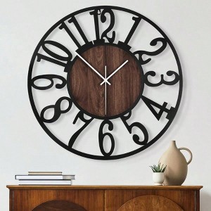 Round Wall Clock Living Room Decor Non Ticking Silent Vintage Black Metal Wood Clock Home Garden Farmhouse Office Kitchen - 1 of 4