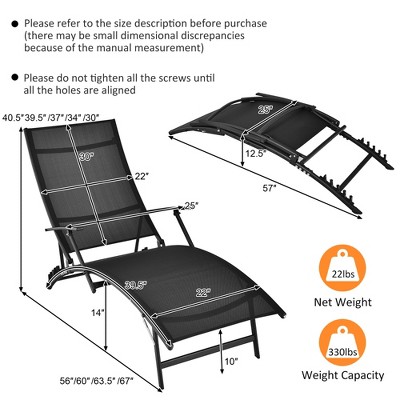 Black Steel Outdoor Chaise Lounge Chairs with Adjustable Backrest and Armrests