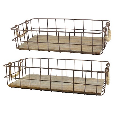 Set of 2 Rectangle Metal Wire Cage and Wood Decorative Baskets with Handles - Stonebriar