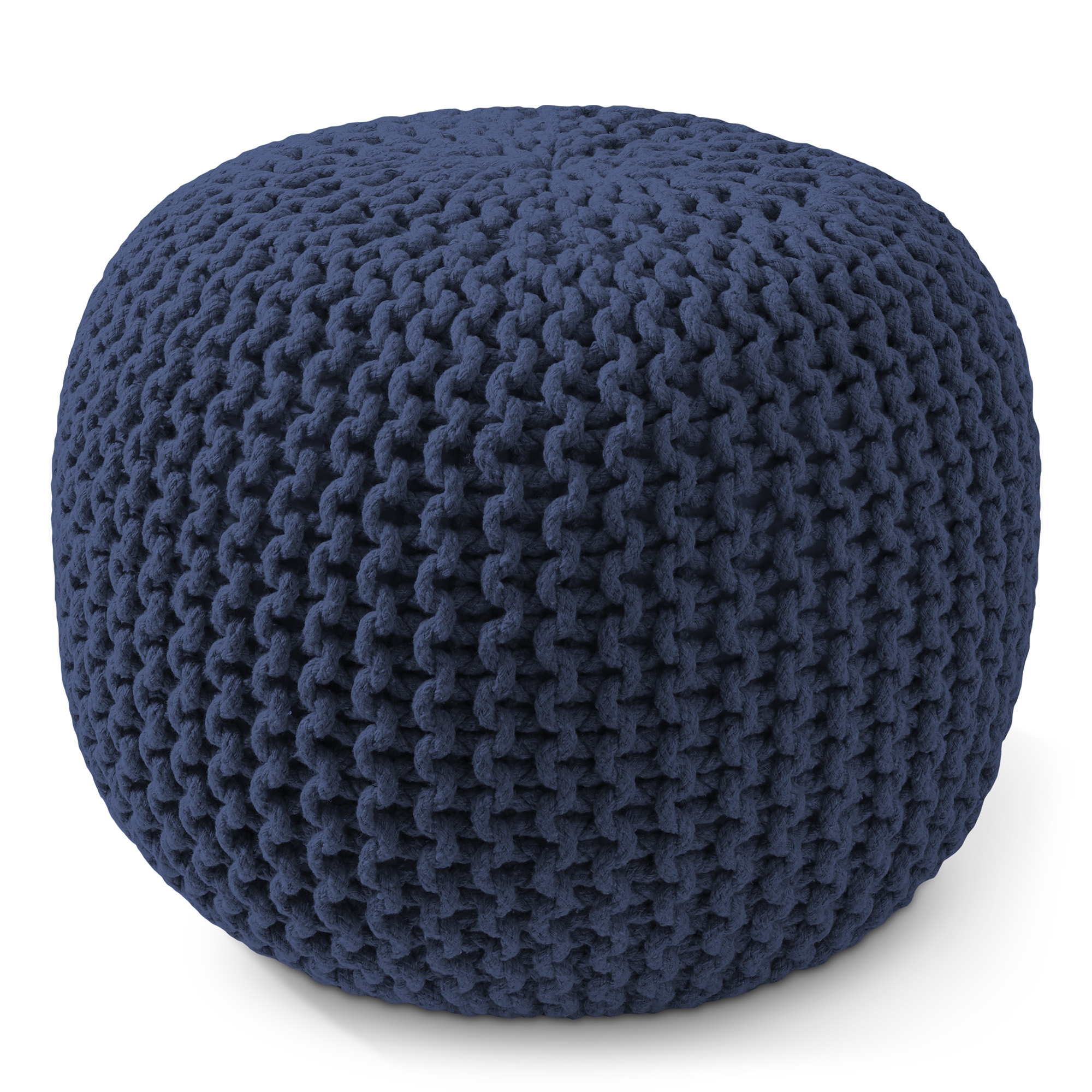 Casafield Round Pouf Ottoman, Navy Blue - 20" Dia x 14.5" High Cotton Knit Foot Stool - Boho Floor Pouffe for Living Room
