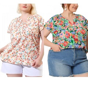 Women's Plus Size 2 Pieces Floral Ruffle Trim Layered Sleeve Notched Neck Button Layered Sleeve Blouses - Agnes Orinda - 1 of 4