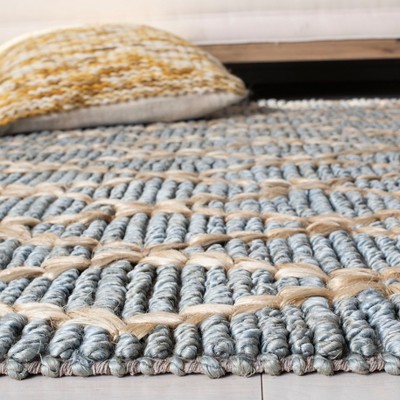 Handmade Light Blue and Beige Jute Geometric Area Rug, 5' x 8'
