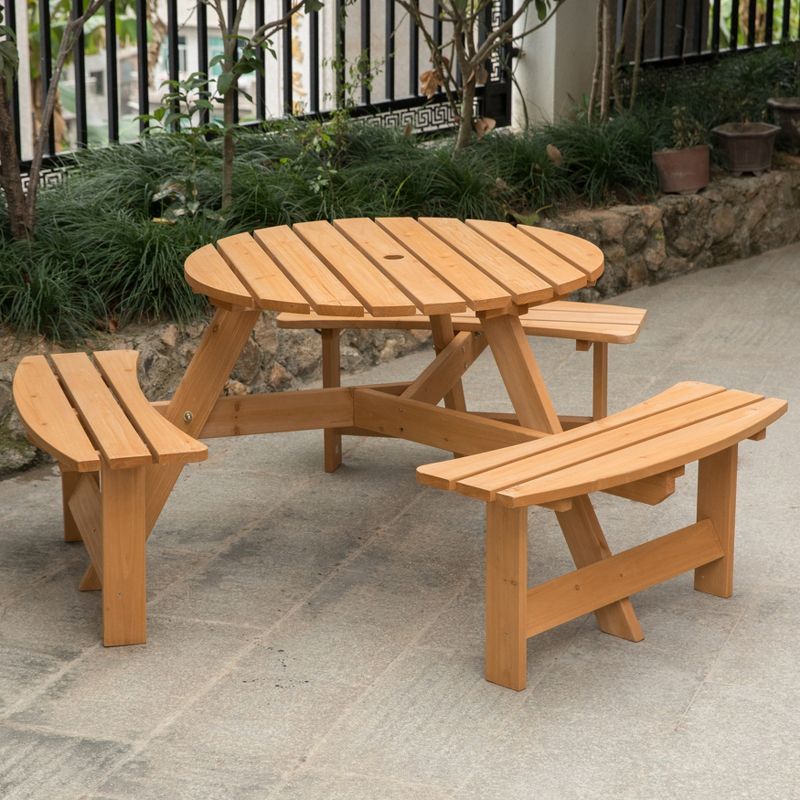 GardenisedWooden Outdoor Round Picnic Table with Bench for Patio, 6- Person with Umbrella Hole, 5 of 14