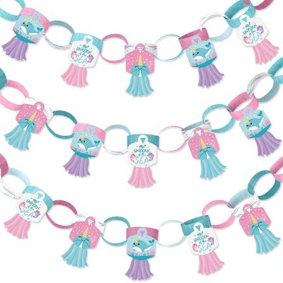 Big Dot of Happiness Narwhal Girl - 90 Chain Links & 30 Paper Tassels Decor Kit - Sea Baby Shower or Birthday Party Paper Chains Garland - 21 feet