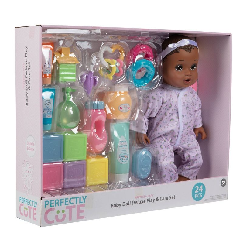 Perfectly Cute 24pc Baby Doll Deluxe Play and Care Set - Dark Brown Hair, 4 of 7