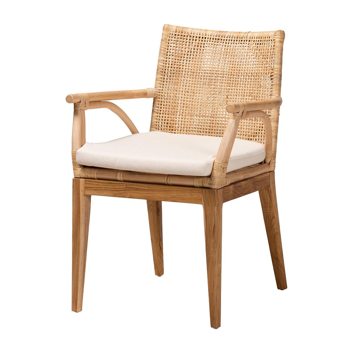 bali & pari Storsel Modern Bohemian Natural Brown Finished Teak Wood and Rattan Dining Chair - thumbnail 2