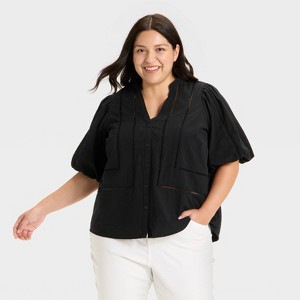 Women's Balloon Elbow Sleeve V-Neck Button-Down Shirt - Ava & Viv™ - 1 of 3