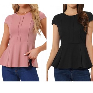 INSPIRE CHIC Women's Elegant Round Neck Cap Sleeve Solid Color Peplum Blouses 2 Packs - 1 of 4