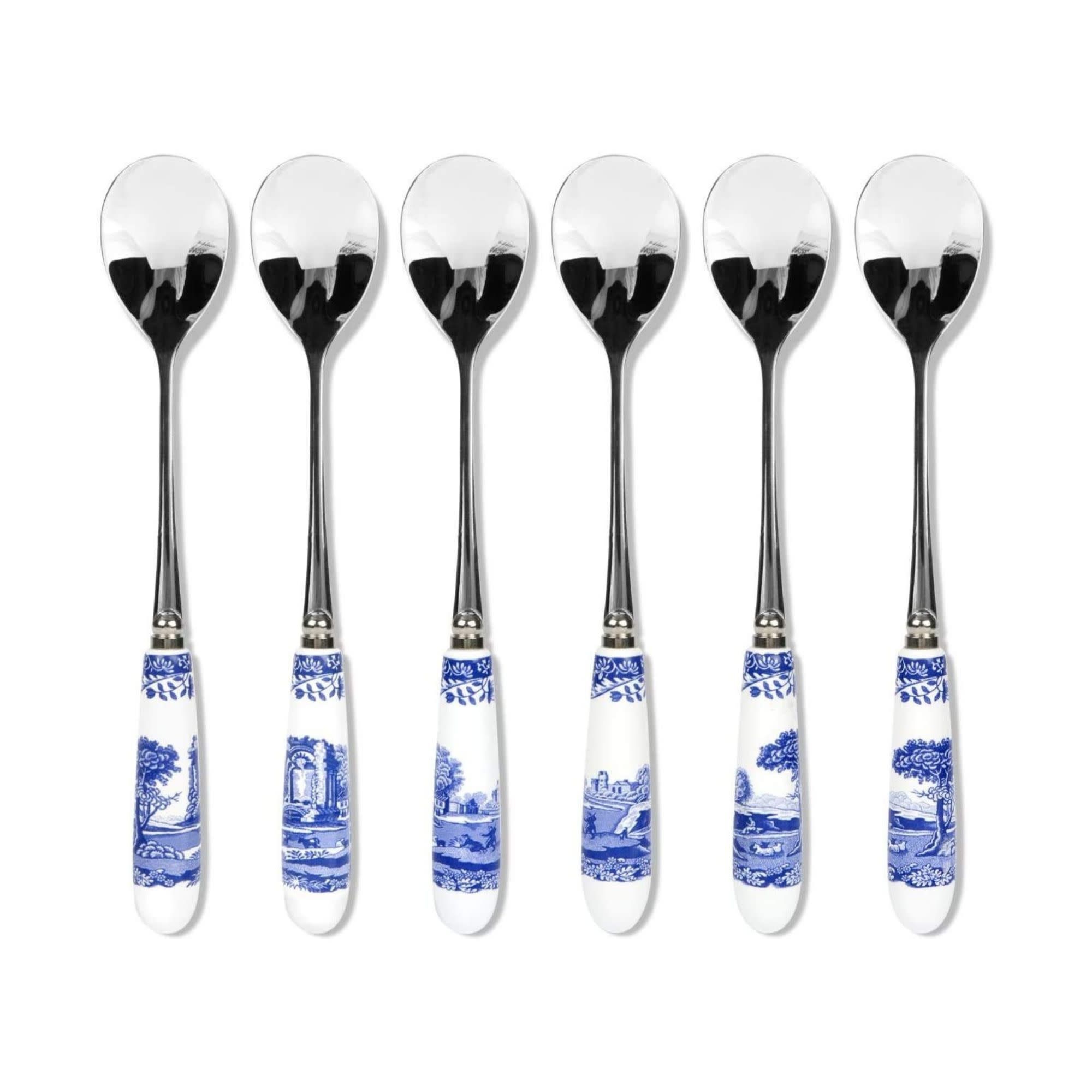 Spode Blue Italian Tea and Dessert Spoons - Set of 6 Porcelain Handle Stainless Steel Utensils - 6 Inch Flatware
