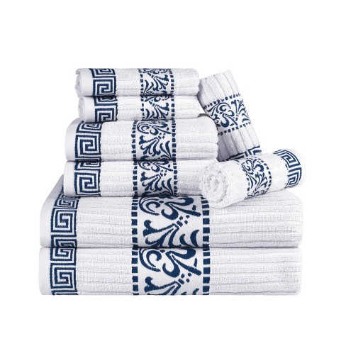 navy blue and white bath towel set