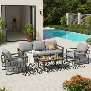 Modern 4-Pieces Outdoor Patio Set, 5-Seat Patio Sofa Steel Frame with Rope, 1200lb Capacity Sectional & Plastic-Wood Table - 1 of 4