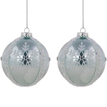 Northlight Set of 2 Sky Blue Glittered and Beaded Snowflake Glass Christmas Ball Ornaments 4"