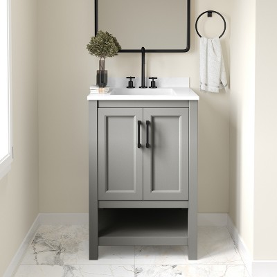 Emma and Oliver Bathroom Vanity, Single Sink Cabinet with 2 Soft Close Doors and Open Shelf, Carrara Marble Finish Countertop
