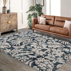 Area Rug Botanical Floral - Leaf Printed Accent Carpet with Non-Slip Backing, Stain-Resistant Indoor Rug for Living Room, Bedroom, Kitchen - 1 of 4