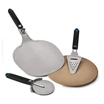 Napoleon 4 Piece Pizza Lover's Outdoor Grilling Kit with Stainless Steel Peel, 12.5-Inch Round Porous Stone, Wheel Cutter, and Cheese Grater/Server
