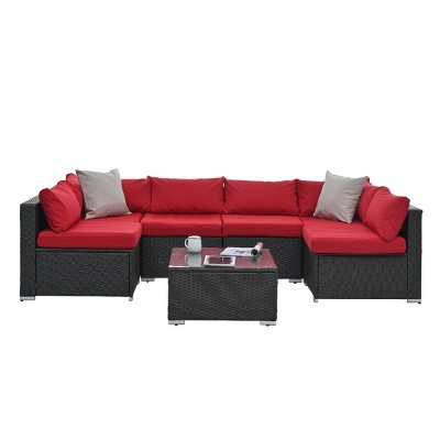 7-Piece PE Rattan Furniture Set, Seating Set with Tempered Glass Coffee Table, Chairs with Iron Frame and Polyester Cushions-Coolbibila