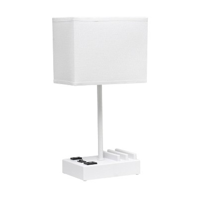 White Rectangular Nightstand Lamp with USB Ports and Charging Outlet