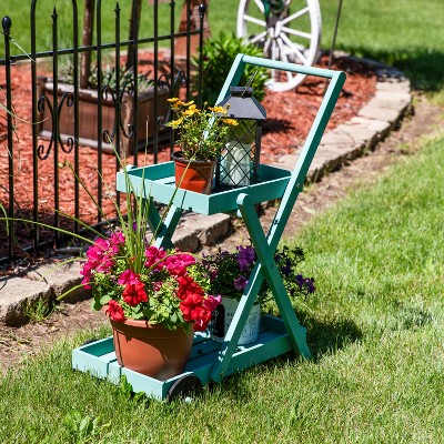 Robin Egg Blue 2-Tier Fir Wood Wheeled Planter Stand