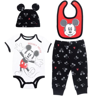 Disney Mickey Mouse 4 Piece Outfit Set: Bodysuit Pants Bib Hat White/Black/Red 