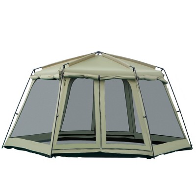 Outsunny 8-10 Person Screen House Room Instant Camping Canopy, Wind Resistant Hexagon Design Screen Shelter Family Tent, Screened Mesh , Waterproof for Hiking, Hunting, Fishing, Army Green
