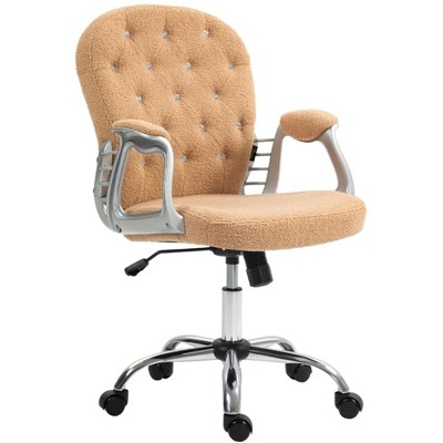 QingMoon Teddy Fleece Office Chair, Button Tufted Desk Chair, Adjustable Swivel Computer Chair with Tilt Backrest for Home Office (Khaki)