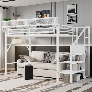 White Twin XL Size Loft Bed with Stairs Metal Full Loft Bed with Storage Shelves and Wardrobe for Kids Teens - 1 of 4