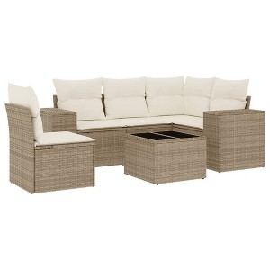 vidaXL 6 Piece Patio Sofa Set with Cushions Beige Poly Rattan - Beige and Cream With Table - 1 of 4