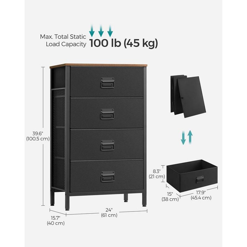 SONGMICS Dresser for Bedroom, Storage Organizer Unit with 4 Fabric, Chest, Steel Frame, Rustic Brown and Black, 5 of 8
