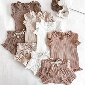 MyKids-USA Baby Girl Wood Ear Design Solid Color Sleeveless Round Collar Tops Combo Shorts Sets IN Summer - 1 of 3