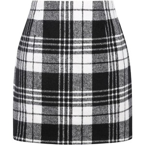 Women's High Waist Plaid Skirt - Wool Blend Bodycon Pencil Mini Skirt Black - 1 of 4