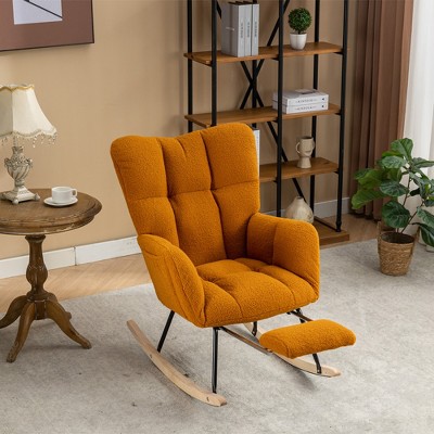 Aukfa Soft Teddy Fabric Rocking Chair w/Pocket - Ergonomic Nursery Glider, Solid Wood Base, 256LB Capacity for Living Room & Bedroom